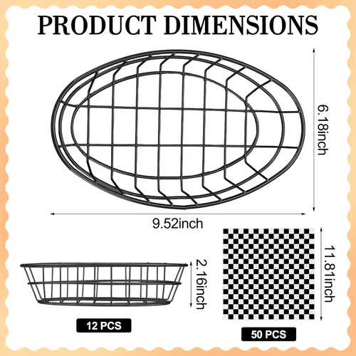 Miniatura 2 de Hushee 12 cestas de pan de alambre a granel de 9.5 x 6.2 x 2.2 pulgadas, cestas ovaladas de metal para mesa servir fruteros con 50 forros de papel a