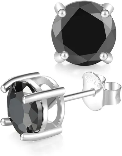 Miniatura 2 de Solitaire - Aretes redondos de plata de ley 925 de ónix negro chapado en platino, joyería fina para mujeres y hombres