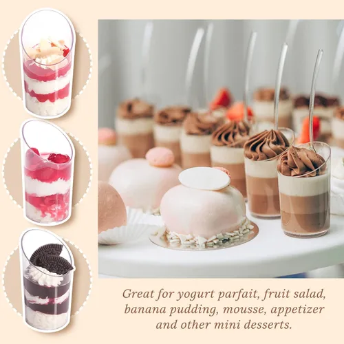 Miniatura 6 de Paquete de 100 mini tazas de postre con cucharas, vasos de plástico transparente de 2.2 onzas para parfait reutilizables, vasos pequeños para servir