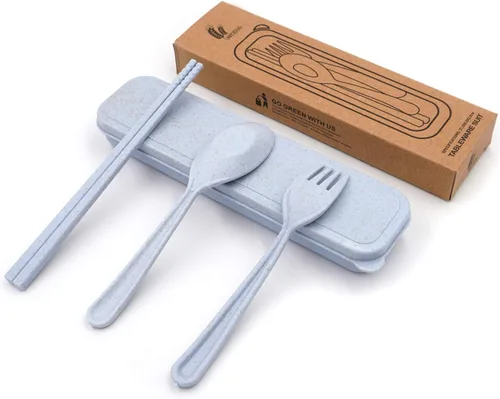 Honbay - Juego de 3 cubiertos portátiles estilo europeo boreal, saludable, ecológico, cuchara de trigo de paja, palillo, tenedor, vajilla para