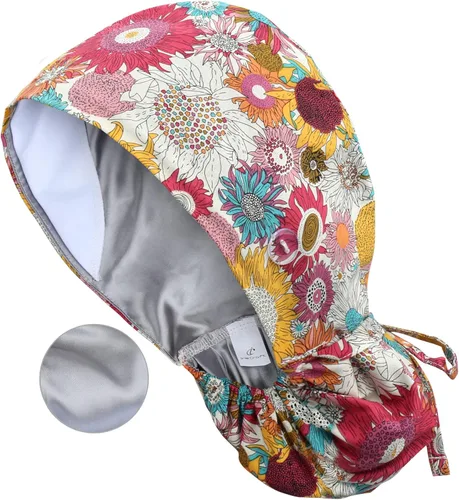 Miniatura 46 de QBA Gorra de trabajo ajustable con botón, gorro forrado de satén, gorro de trabajo de algodón, banda elástica para atar en la espalda, unisex Pt