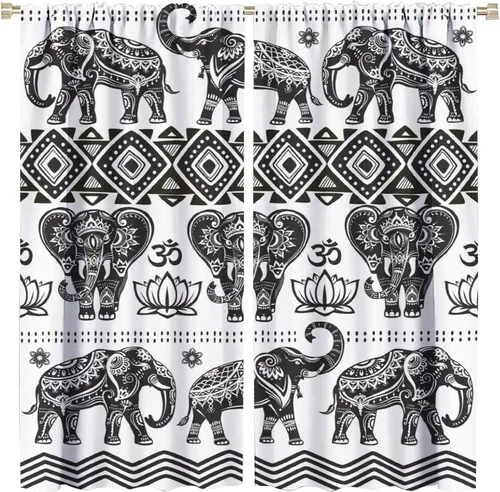 Cortinas opacas de elefante, estilo étnico indio, bohemio, flores de loto de elefante blanco y negro, divertidas cortinas con patrón de animales