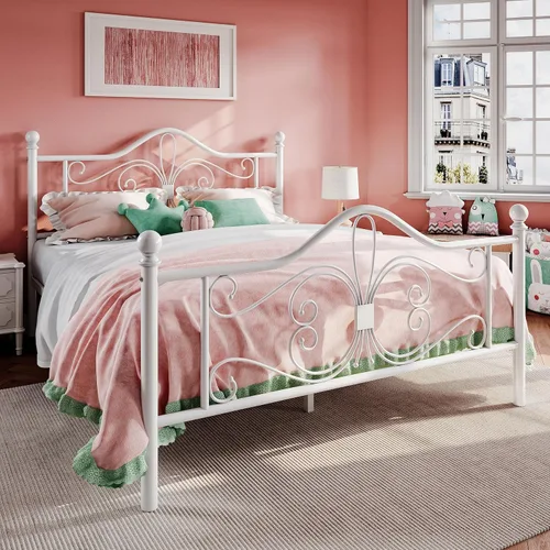 Miniatura 3 de SHA CERLIN - Marco de cama tamaño Queen con cabecera, marco de cama de metal con diseño de cabezal y pie de cama en forma de mariposa, no necesita