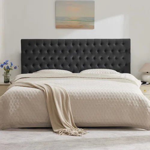 Miniatura 19 de Kingfun Cabeceras con diseño moderno de botones, cabecera de cama tapizada y acolchada de tela de lino premium, cabecera de madera maciza ajustable