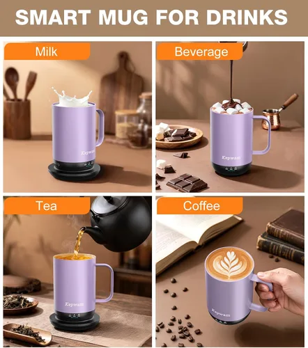 Miniatura 9 de Kepwam Taza de Café Autocalentante T1, Taza de Café Recargable Calentada de 16oz, Taza de Café Inteligente con Calentamiento Controlado por
