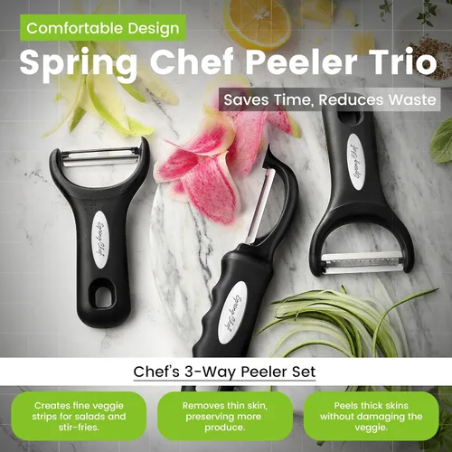 Miniatura 4 de Spring Chef Peladores de Verduras de Acero Inoxidable Giratorios, Y & Julienne para Cocina, Peladores de Papas con Mangos de Agarre Suave, Juego