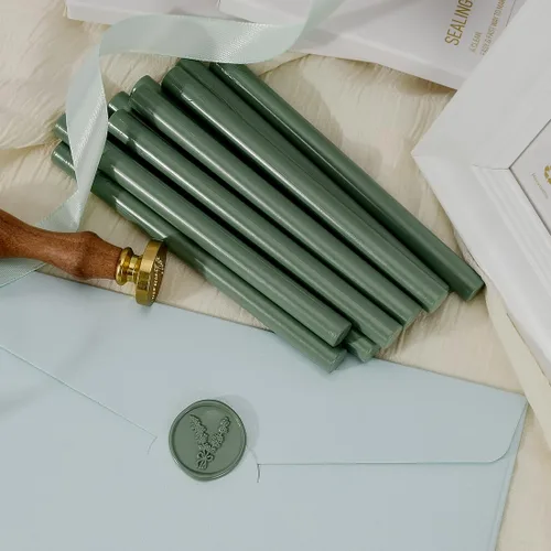 Miniatura 4 de 10 varillas de cera de sellado verde oliva para pistola de pegamento, ideal para sellos de cera, perfecto para invitaciones de boda