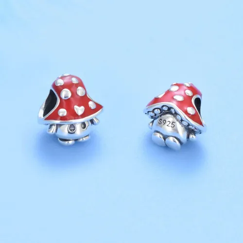 Miniatura 4 de Abalorio de plata esterlina S925 con forma de hongo para pulseras, tecnología esmaltada, colgante de pimienta roja, compatible con pulseras