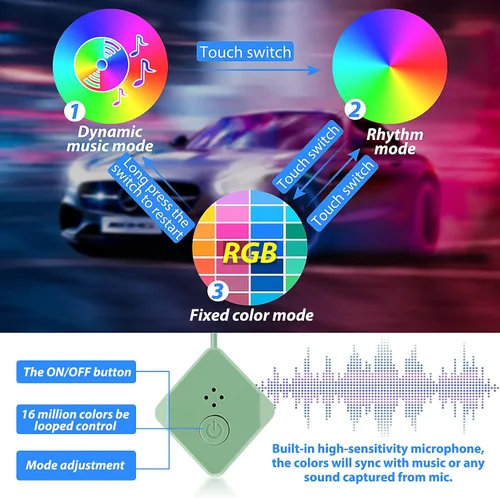 Miniatura 6 de Tira de luces LED para coche, luces interiores del coche, kit de iluminación LED ambiental con RGB de 16 millones de colores de fibra óptica y ritmo