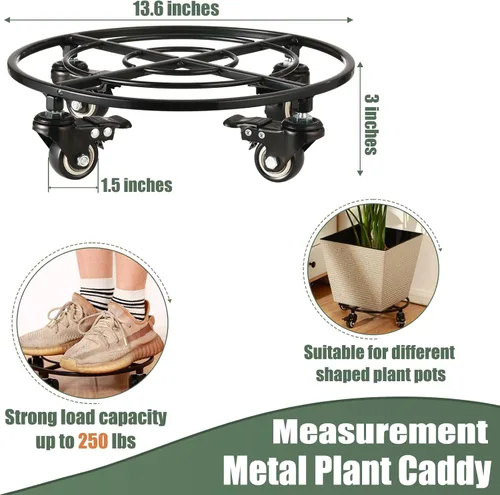 Miniatura 3 de Paquete de 2 organizadores grandes de metal para plantas con ruedas de 13.6 pulgadas, soportes rodantes para plantas de hierro forjado, rodillos