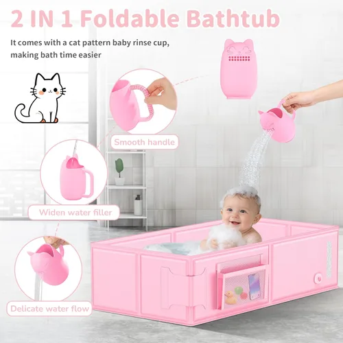 Miniatura 3 de Bañera plegable para bebé, convierte la ducha en bañera, bañera portátil 2 en 1 para niños pequeños con taza de enjuague, sin montaje, fácil de Rosa