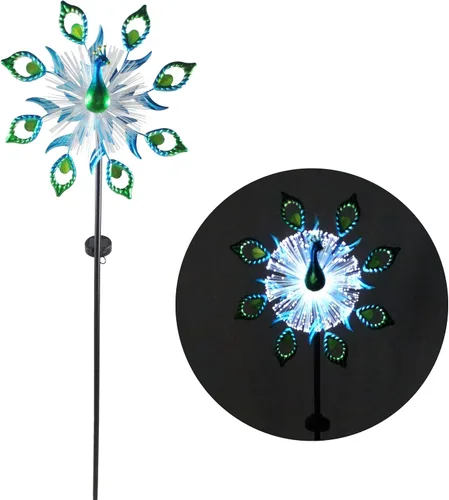 Miniatura 2 de Alpine Corporation Estaca giratoria de metal solar con luz LED de fibra óptica, decoración de patio, adorno cinético resistente a la intemperie
