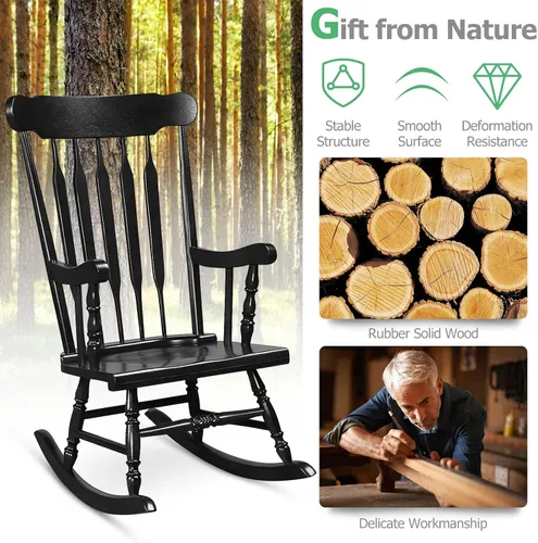 Miniatura 8 de Tangkula Silla mecedora de patio de madera de goma sólida, silla mecedora de porche exterior con marco de madera de goma, silla mecedora de madera