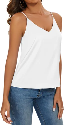 Miniatura 5 de Miqieer Camiseta básica de seda para mujer, con cuello en V, holgada, sin mangas, de satén, para mujer