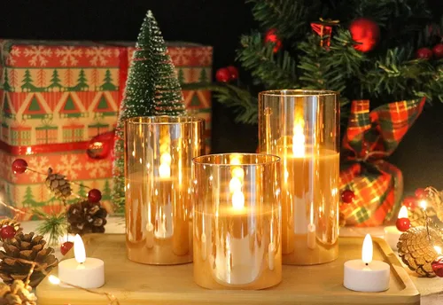 Miniatura 2 de GenSwin - Velas LED sin llama de cristal dorado que funcionan con batería, con control remoto de 10 teclas y temporizador, velas de cera real de luz