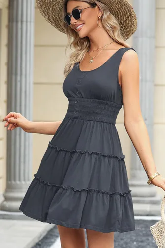 Miniatura 3 de Dokotoo Vestidos de verano para mujer, sin mangas, con botones, cintura imperio, con volantes, escalonados, casual, mini vestido con vuelo