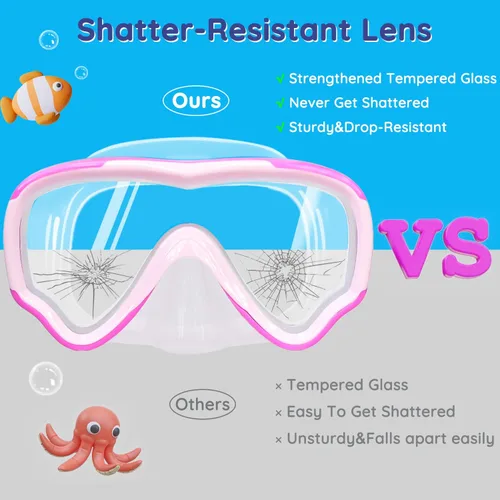 Miniatura 5 de MOMUSE Gafas de natación para niños con correa de tela suave, máscara de buceo con cubierta de nariz 3D sin fugas, lente antivaho e inastillable