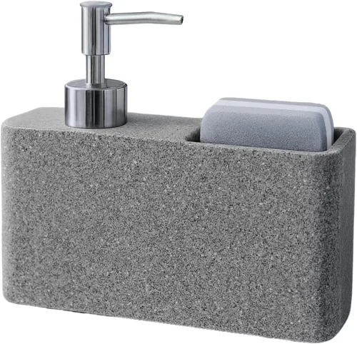 Havara - Dispensador de jabón para platos de resina de granito con soporte para esponja, gris piedra | Kitchen Soap Dispenser & Sink Organizer for
