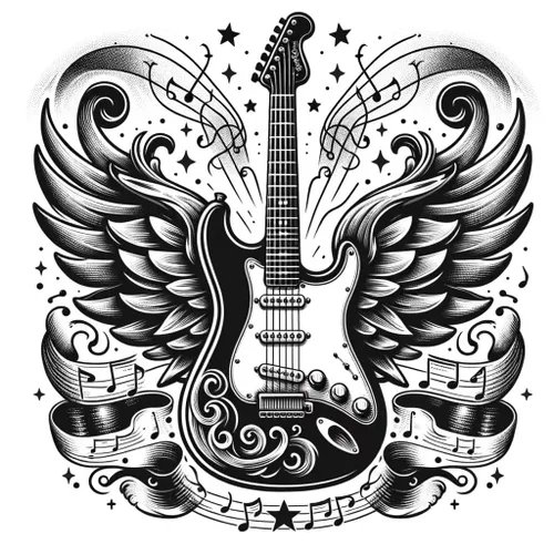 6 hojas de tatuajes falsos temporales para hombres y adultos, guitarra eléctrica, rosas, alas de ángel, notas musicales, rollo de rock, tatuaje