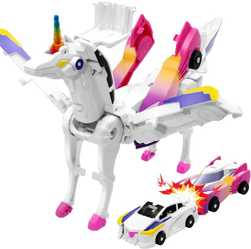 Intoypad Coches de Juguete Transformables de Colisión de Unicornio para Niñas y Niños, 2 Coches Magnéticos que se Transforman en Coches Robot Rosa