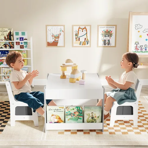 Miniatura 2 de HONEY JOY Mesa y sillas para niños, juego de actividades de madera 4 en 1 para niños con libreros dobles, almacenamiento, tablero desmontable