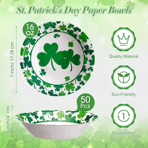 Miniatura 3 de Domensi 50 cuencos de papel del día de San Patricio, 50 unidades, 16 onzas, cuencos desechables de trébol verde de la suerte, decoraciones de fiesta