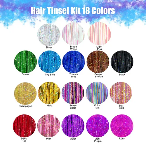 Miniatura 2 de Kit de oropel para el cabello, 18 colores de 48 pulgadas, extensiones de cabello de oropel de hadas resistentes al calor con herramientas, CC