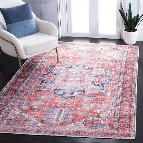 Miniatura 7 de SAFAVIEH Alfombra lavable Serapi Collection – 3 pies 3 pulgadas x 5 pies, azul marino y rojo, antideslizante y fácil de limpiar, ideal