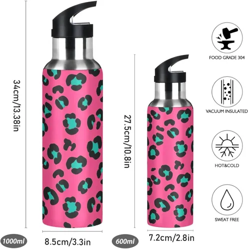 Miniatura 2 de Leopard Spots Pink Stainless Steel Water Bottle 32 Oz, BPA-Free Sports Water Bottle with Straw Leakproof Water Bottles