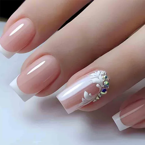 Foccna Uñas postizas a presión de color rosa medianas, uñas postizas blancas brillantes, uñas postizas cuadradas acrílicas, uñas artificiales