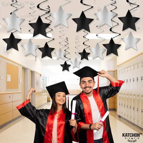 Miniatura 6 de KatchOn, Remolinos colgantes de estrellas negras y plateadas, paquete de 32, decoraciones de techo de estrella para cumpleaños, remolinos