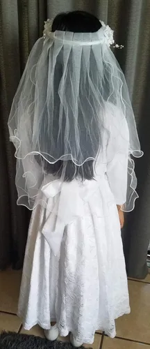 Miniatura 4 de Bienvenu Primera Comunión Flor Niña Arco Bordado Velo De Boda Dos Capas, Blanco