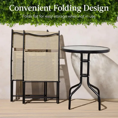 Miniatura 4 de Best Choice Products Juego de muebles de comedor de 3 piezas con mesa de vidrio texturizado, 2 sillas plegables de acero, tela de poliéster