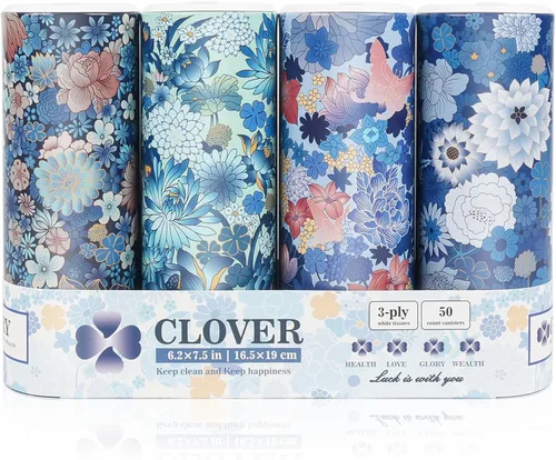 CLOVER Pañuelos Faciales con Tapa - 4 Paquetes Cilindro de Pañuelos para Auto, Portapañuelos para Coche con 200 Hojas de 3 Capas, Cajas Redondas de