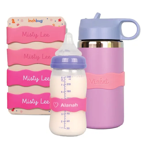 InchBug Orbit Labels - Bandas de silicona para biberones y botellas de agua, juego de etiquetas personalizables reutilizables para guardería, tazas