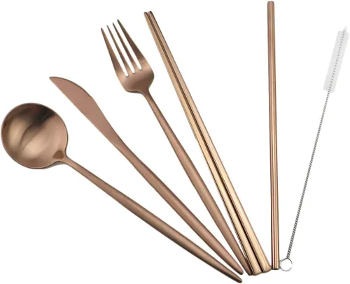 Miniatura 4 de Juego de cubiertos ecológicos con acabado mate, 7 piezas, cuchillos, tenedor, cuchara, acero inoxidable 18/10, negro, utensilios de viaje portátiles