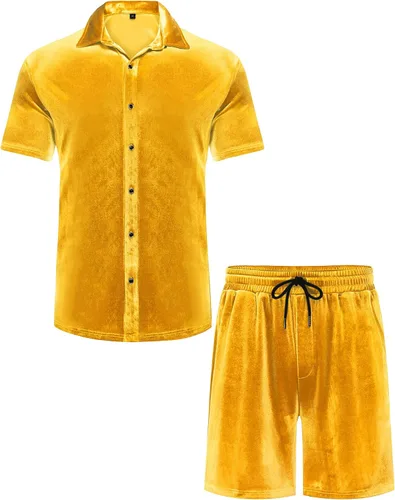Miniatura 45 de LecGee Conjunto de pantalones cortos casuales de verano para hombre, camisa de terciopelo de manga corta con botones, pantalones cortos de cintura
