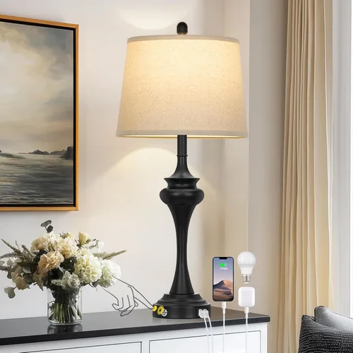 Miniatura 10 de Rinweey Lámpara de mesa plateada de 30 pulgadas individual, lámpara de noche de control táctil de 3 vías con puertos USB A+C, modernas lámparas