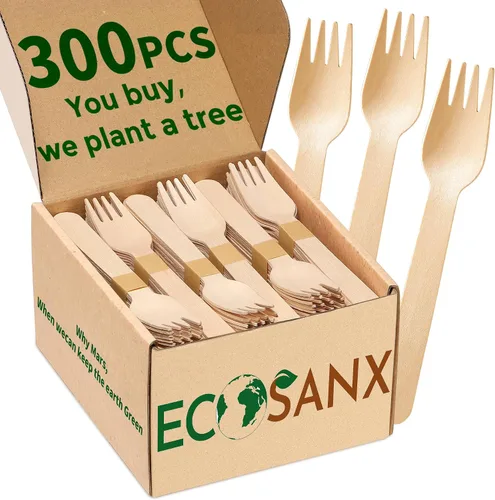 Miniatura 12 de ECOSANX® 120 piezas de tenedores de madera para comer de 16.5 cm libres de astillas, compostables, juego de cubiertos de madera ecológico