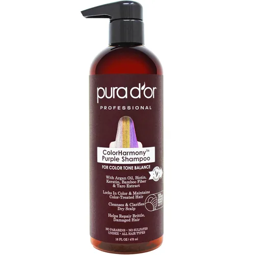 PURA D'OR ColorHarmony - Champú morado de 16 onzas para cabello decolorado, rubio, plateado y tratado con color, queratina, fibra de bambú, sin