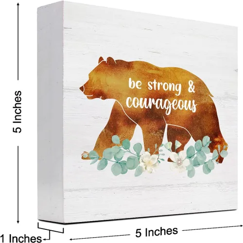 Miniatura 2 de Letrero de madera de animales del bosque, letrero de madera de oso con texto en inglés «Be Strong and Courageous», decoración de escritorio