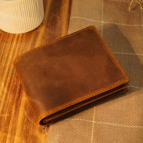 Miniatura 3 de Polare - Cartera plegable de piel de caballo loco natural para hombre, con bloqueo RFID