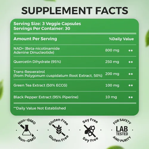 Miniatura 7 de Suplemento NAD+, 1,360 mg de fuerza máxima liposomal Resveratrol, quercetina, té verde Energía celular y envejecimiento saludable para hombres
