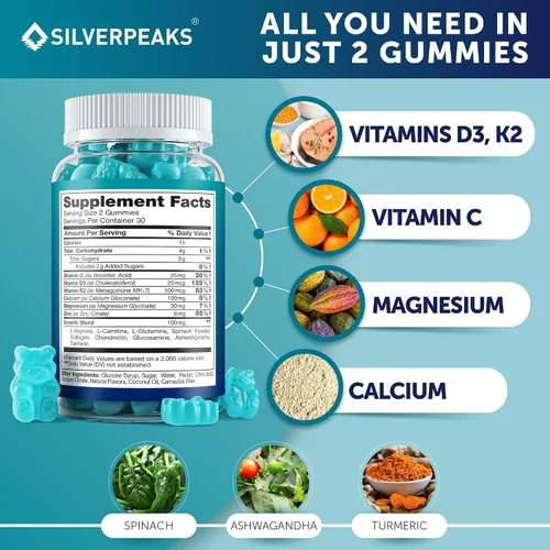 Miniatura 5 de SILVERPEAKS Gomitas de crecimiento de altura para niños, adolescentes y adultos, suplemento maximizador de crecimiento de altura con calcio