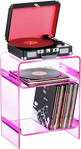 Miniatura 9 de Mesa para tocadiscos de acrílico con estante de almacenamiento, mesa auxiliar transparente para noche (verde, grande)