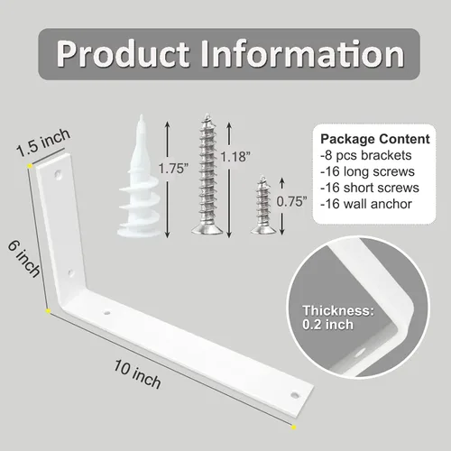 Miniatura 2 de Soportes para estantes de pared de 10 pulgadas, 8 soportes resistentes para estantes, soportes industriales rústicos de metal blanco para estantes
