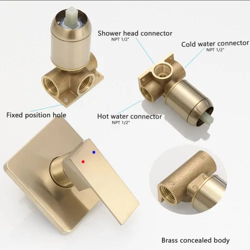Miniatura 5 de Juego de llave de regadera dorada cepillada, sistema de regadera de lluvia para baño con cabezal de regadera de lluvia de acero inoxidable, kit