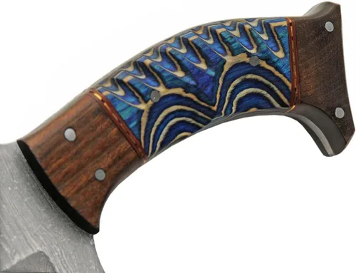 Miniatura 6 de SANZ - Cuchillo de caza de rinoceronte de Damasco de 8 pulgadas, cuchillo de campamento azul con mango de madera, hoja de espiga completa y funda