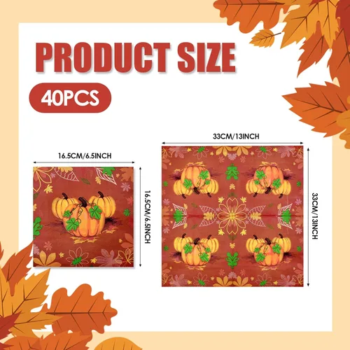 Miniatura 2 de Paquete de 40 servilletas de papel para el día de Acción de Gracias, 13 x 13 pulgadas, servilletas desechables de calabaza, vajilla de almuerzo