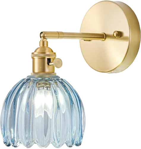 Lámpara de Pared con Cableado Fijo, Aplique de Pared Vintage con Interruptor, Luminaria de Pared Dorada con Pantalla de Cristal Azul Denim Tulipán,